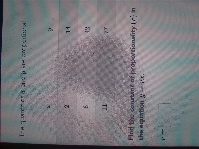 The quantities x and y are proportional. Find the constant of proportionality r in-example-1