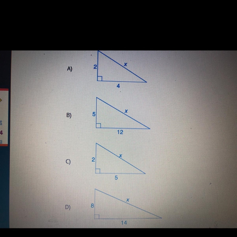 For which triangle is the length of the hypotenuse an INTEGER?-example-1