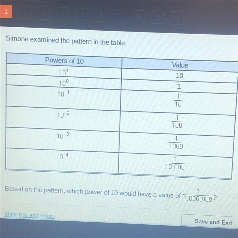 Based on the pattern, which power of 10 would have a value of 10/10000-example-1