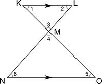 The figure shows two parallel lines KL and NO cut by the transversals KO and LN. Which-example-1