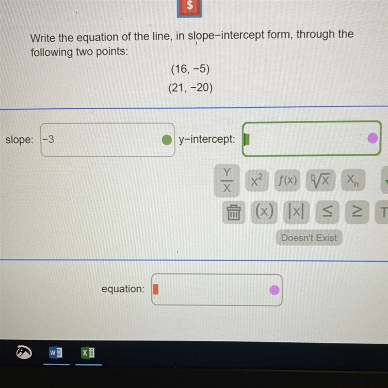 Write the equation of the line, in slope intercept form, through the following points-example-1