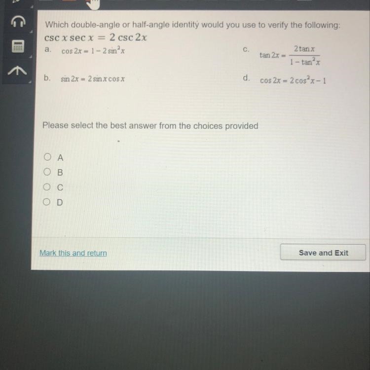 Which double angle or half angle identity would you use to verify the following: csc-example-1