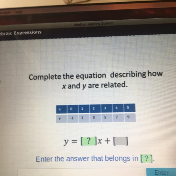 Complete the equation describing how x and y are related. Please Help!!-example-1