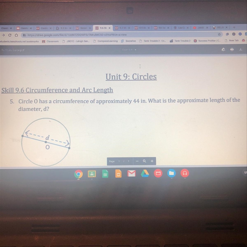 Circle O has a circumference of approximately 44 in. What is the approximate length-example-1