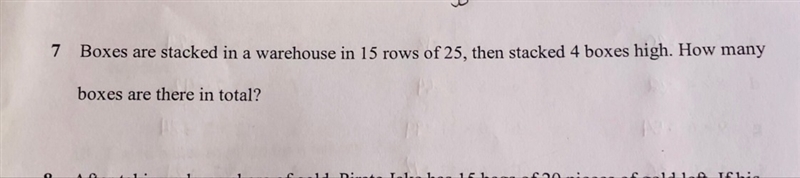 Boxes are stacked in a warehouse in 15 rows of 25, then stacked 4 boxes high boxes-example-1