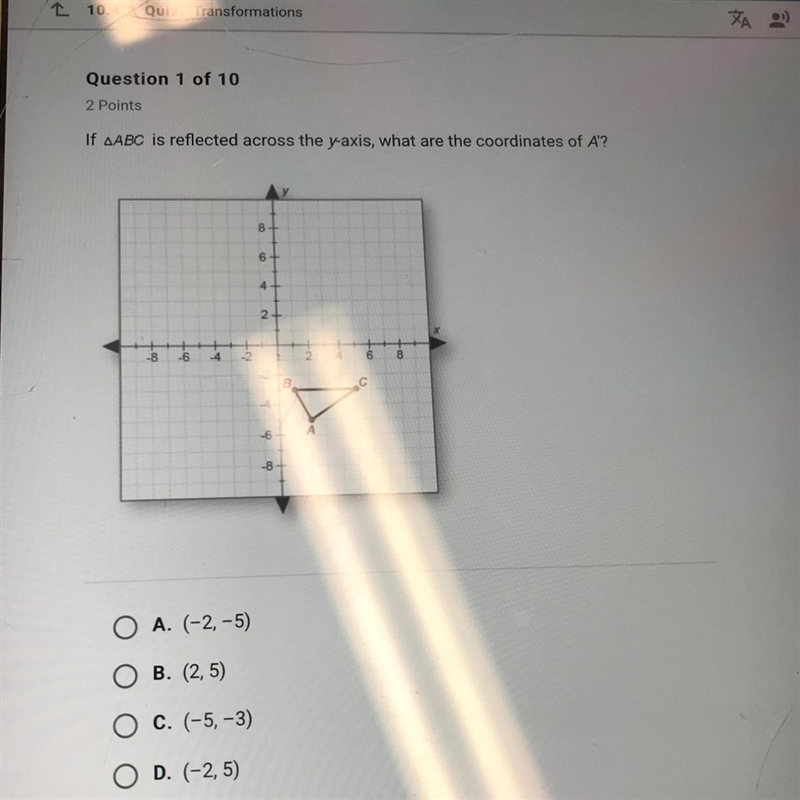 If angle abc is reflected across the y-axis, what are the coordinates of A”?-example-1