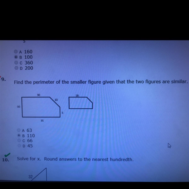 Find the perimeter of the smaller figure given. Answer is not 110.-example-1