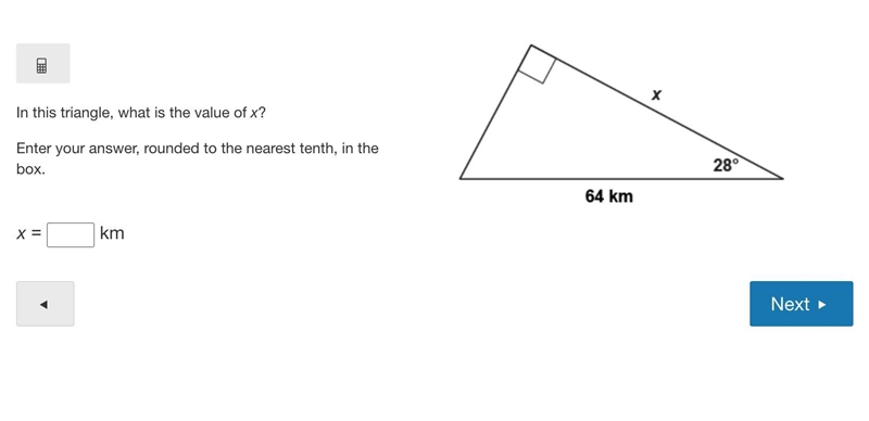 In this triangle, what is the value of x? Enter your answer, rounded to the nearest-example-1