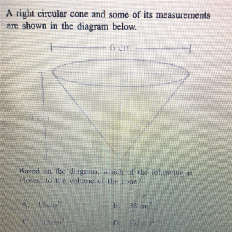 A right circular cone and some of its measurements are shown in the diagram below-example-1