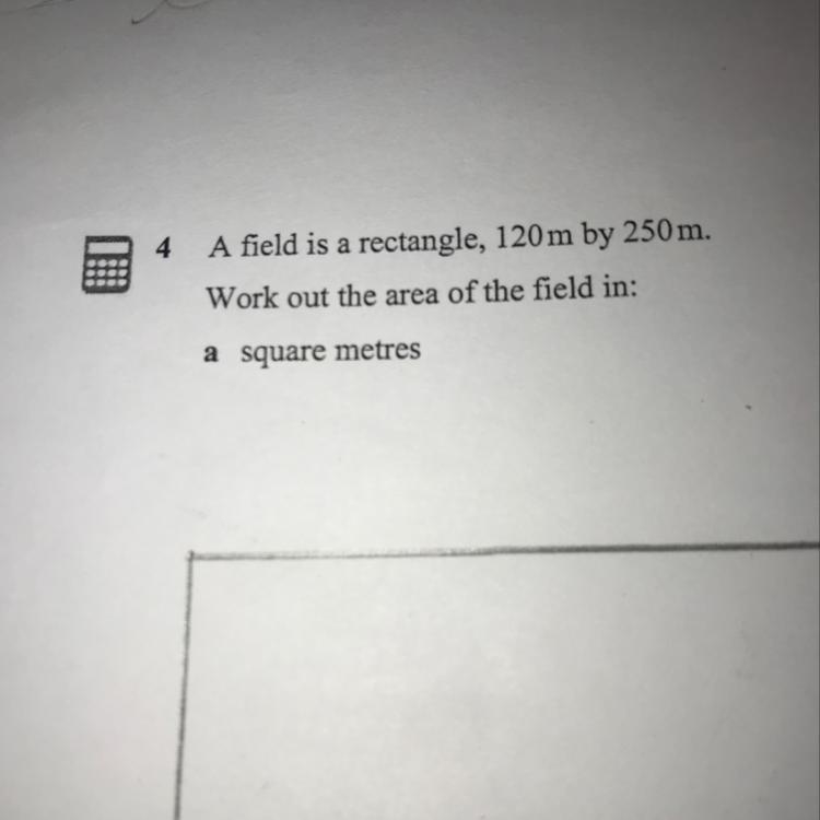 A field is a rectangle, 120 m by 250m. Work out the area of the field in: a square-example-1