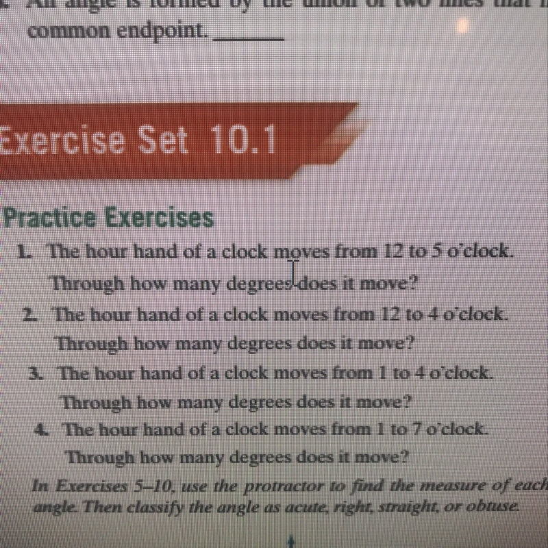 The hour hand of a clock moves from 12 to 5 o’clock. How many degrees does it move-example-1