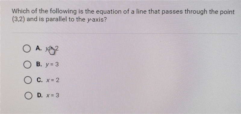 which of the following is the equation of a line that passes through the point (3,2) and-example-1