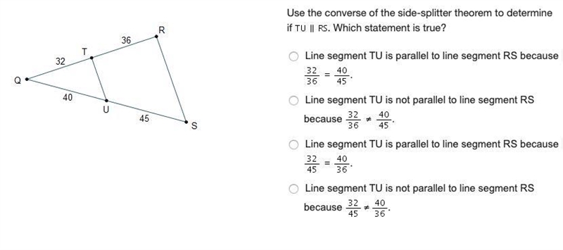 Use the converse of the side-splitter theorem to determine if . Which statement is-example-1