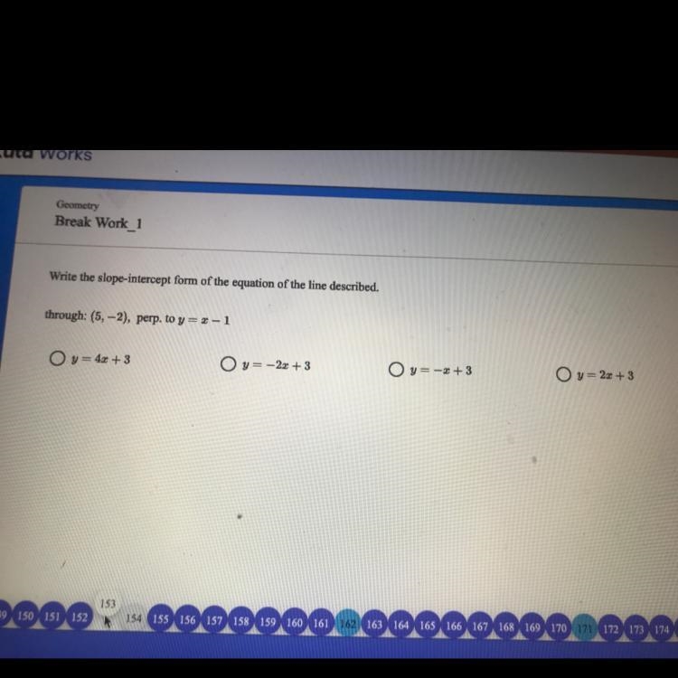 A. y=4x+3 B. y=-2x+3 C. y=-x+3 D.y=2x+3-example-1