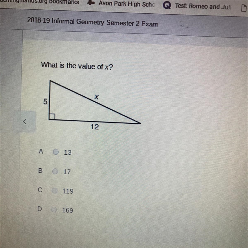 What is the value of x? A. 13 B. 17 C. 119 D. 169-example-1