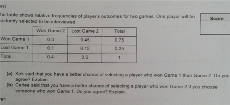 the table below shows relative frequencies of players outcomes for two teams one player-example-1