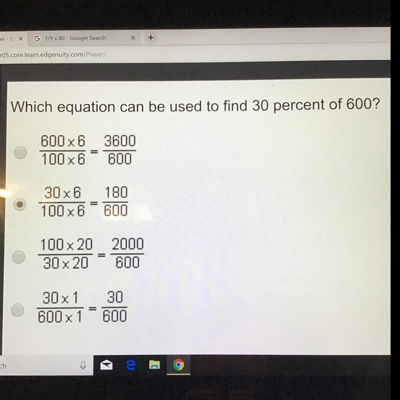 Which equation can be used to find 30 percent of 600-example-1