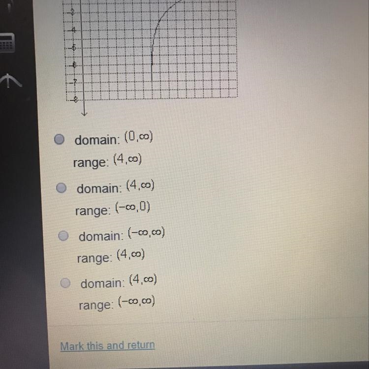 Help fast plizz! What are the domain and range of the function f(x)=log(x-4)-3?-example-1