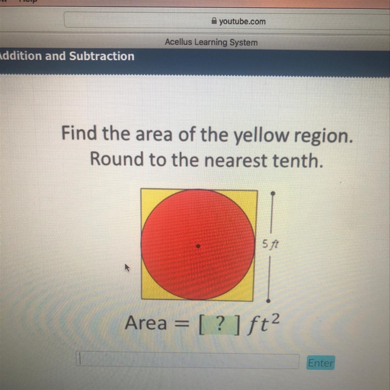 Need help very badly Find the area of the yellow region. Round to the nearest tenth-example-1