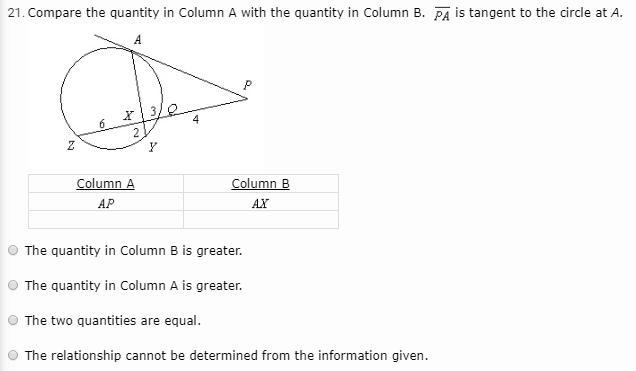 Compare the quantity in Column A with the quantity in Column B. PA is tangent to the-example-1