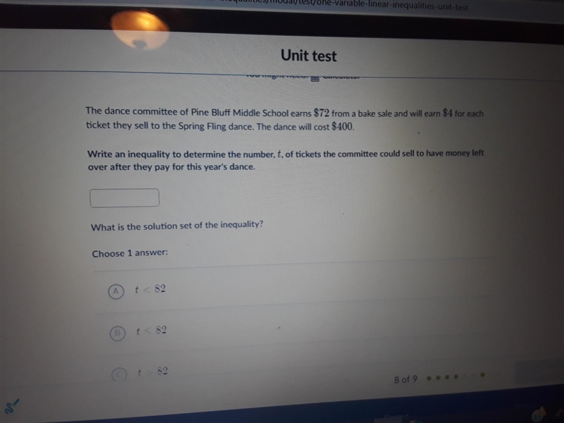 Answers choices are t is less than 82. t is less than or equal to 82. t is greater-example-1