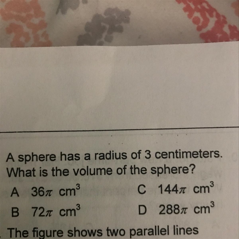 A sphere has a radius of 3 centimeters what is the volume of the sphere ????-example-1