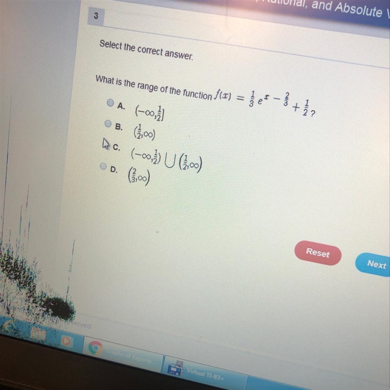 What is the range of the function f(x) = 1/3e^x - 2/3 + 1/2?-example-1