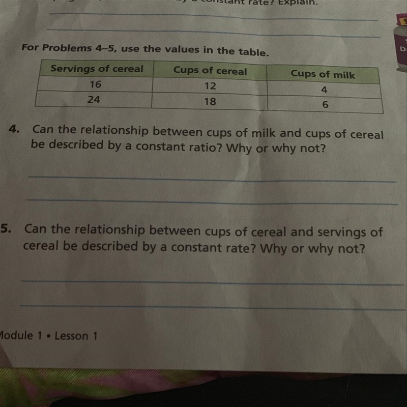 Is this relationship between cups of milk and cups of cereal be described by a constant-example-1