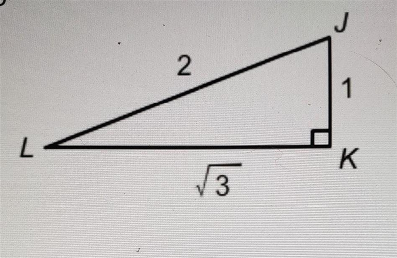 What is the cosine of angle L A. 2 B. 1/2 C. 3 square rooted D. 3 square rooted/2​-example-1