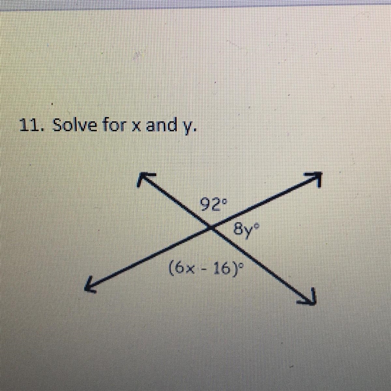 11. Solve for x and y. 8yº (6x - 16)-example-1