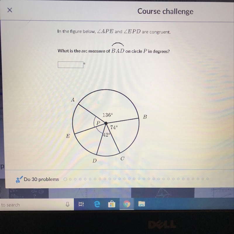 What is the arc measure of bad on circle P in degrees?-example-1