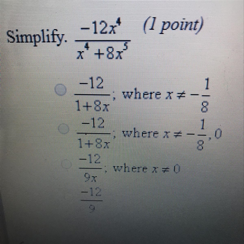 Simplify -12x^4/x^4+8x^5-example-1