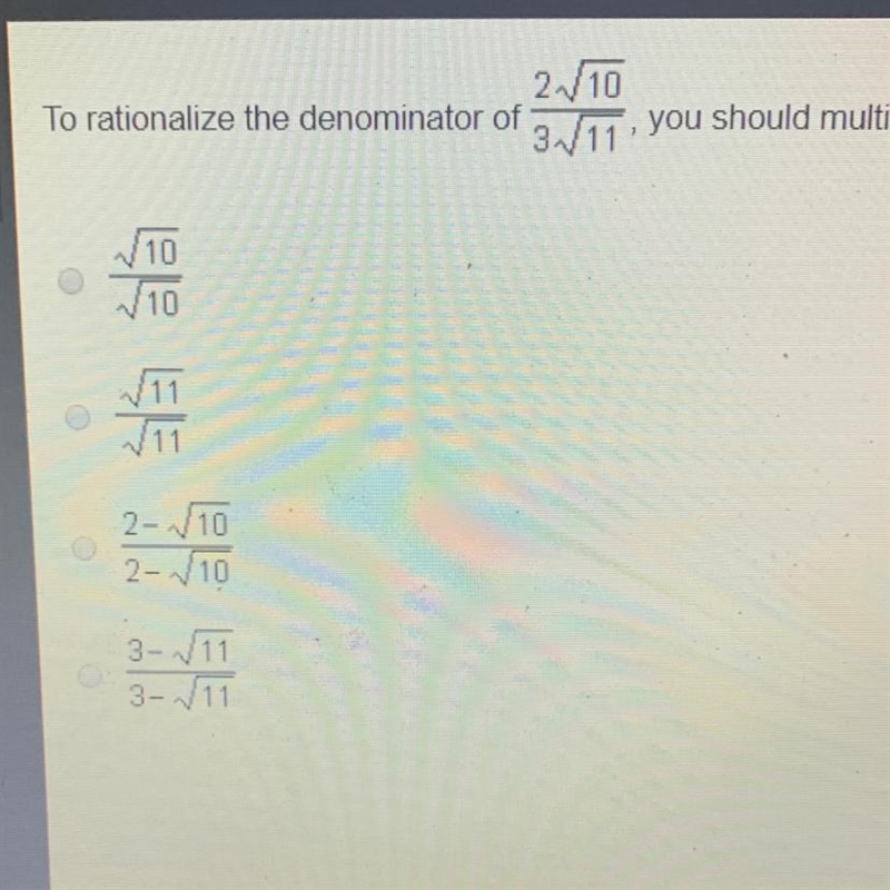 To rationalize the denominator of 2sqrt10/3sqrt11-example-1