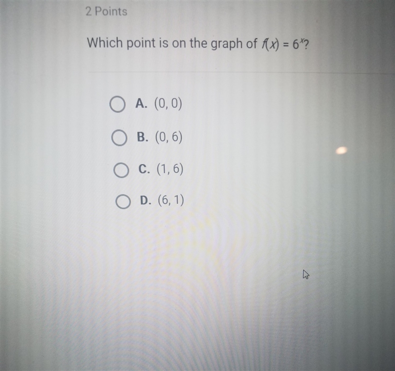 Which point is on the graph of f(x)=6^x?-example-1