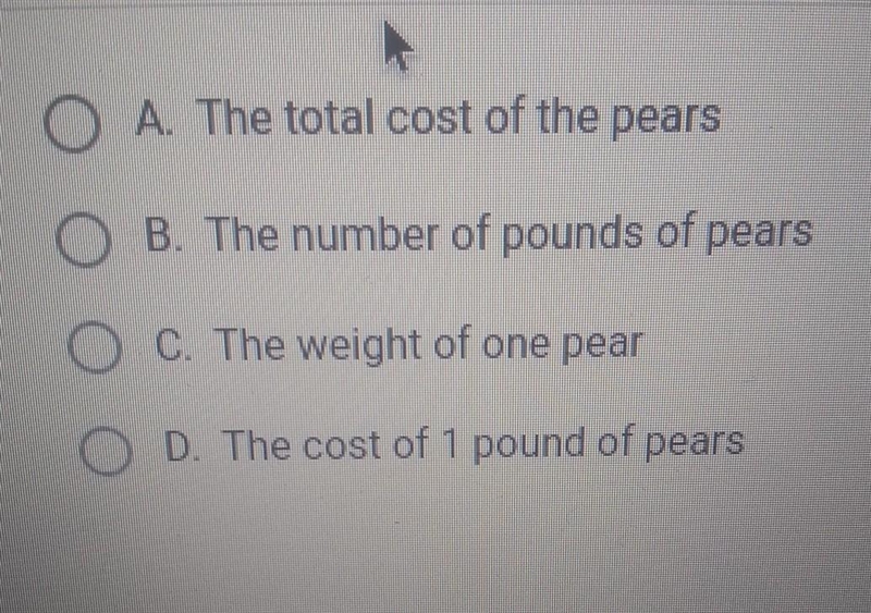 Joe bought 4.25 pounds of pears for $7.18. If the equation 4.25x = 7.18 models the-example-1