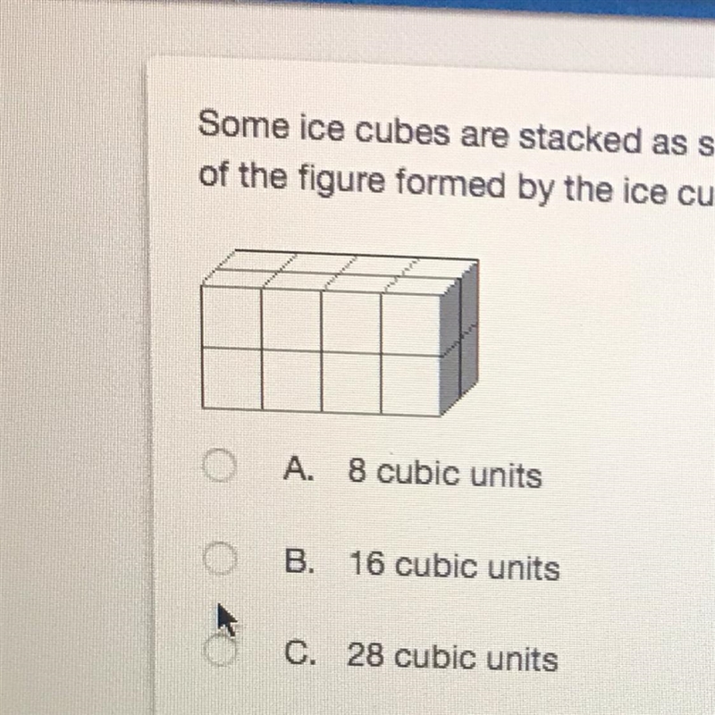 Some ice cubes are stacked as shown. If the face of each ice cube is a square and-example-1