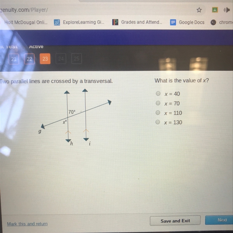 Two parallel lines are crossed by a transversal what is the value of x-example-1