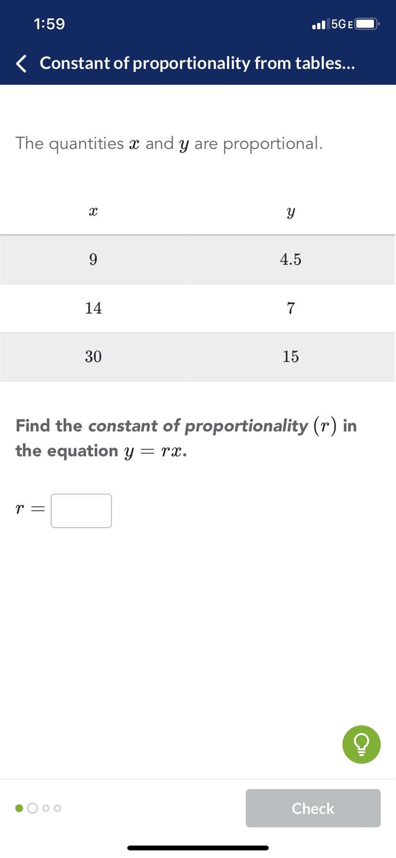 Find the constant of proportionality r in the equation y = rx-example-1