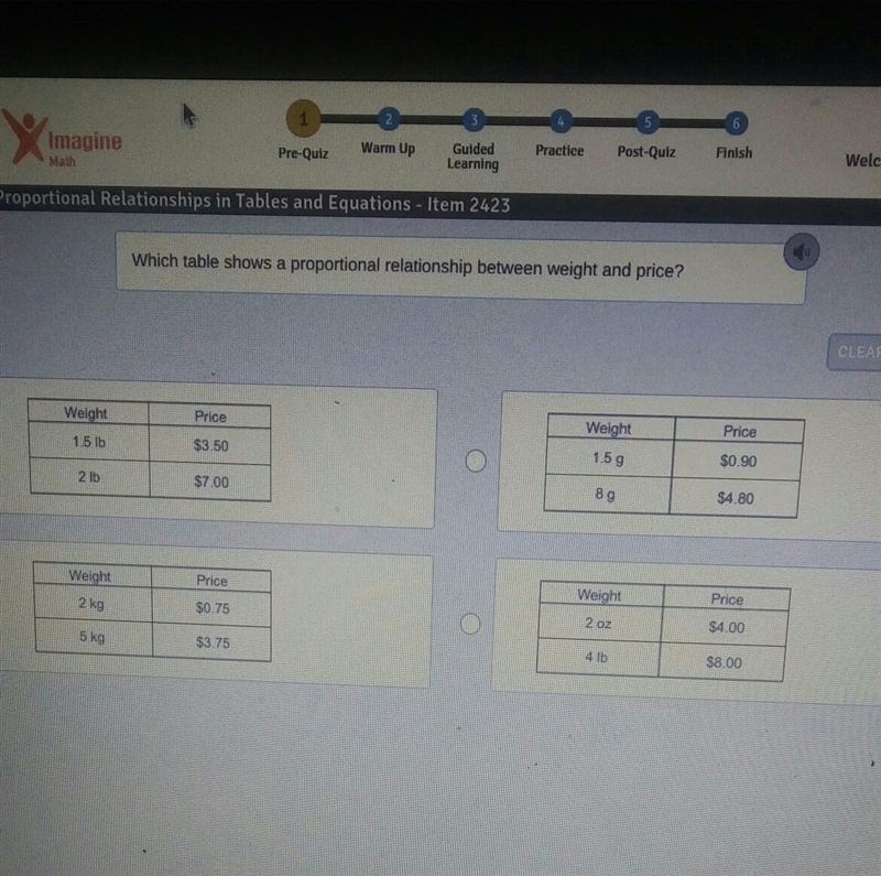 PLZ HELP FAST which table shows a proportional relationship between weight and price-example-1