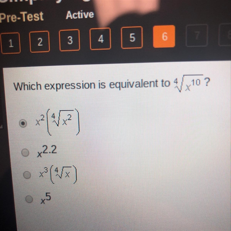 Which expression is equivalent to ^4 square root x^10 Please help:/-example-1