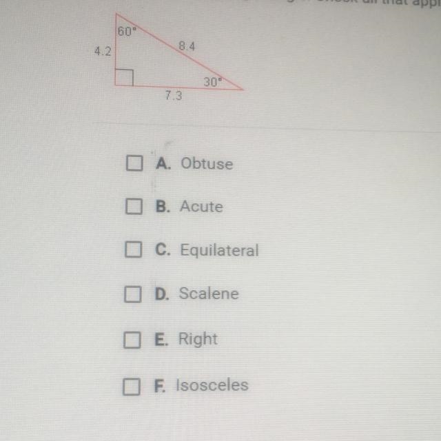 Classify the following triangle. Check all that apply.-example-1