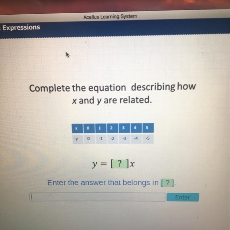 Complete the equation describing how x and y are related. Please Help!!-example-1