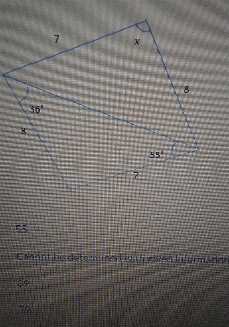 What is the value of X in the figure shown below? options are a- 55 B- cannot be determined-example-1