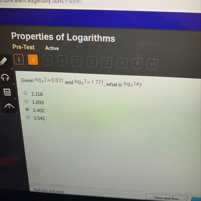 Given log3 2=0.631 log3 7=1.771 what is log3 14?-example-1