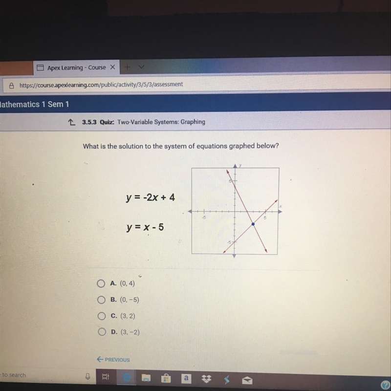 What is the solution to the system of equations graphed below y=-2x+4 y=x-5-example-1