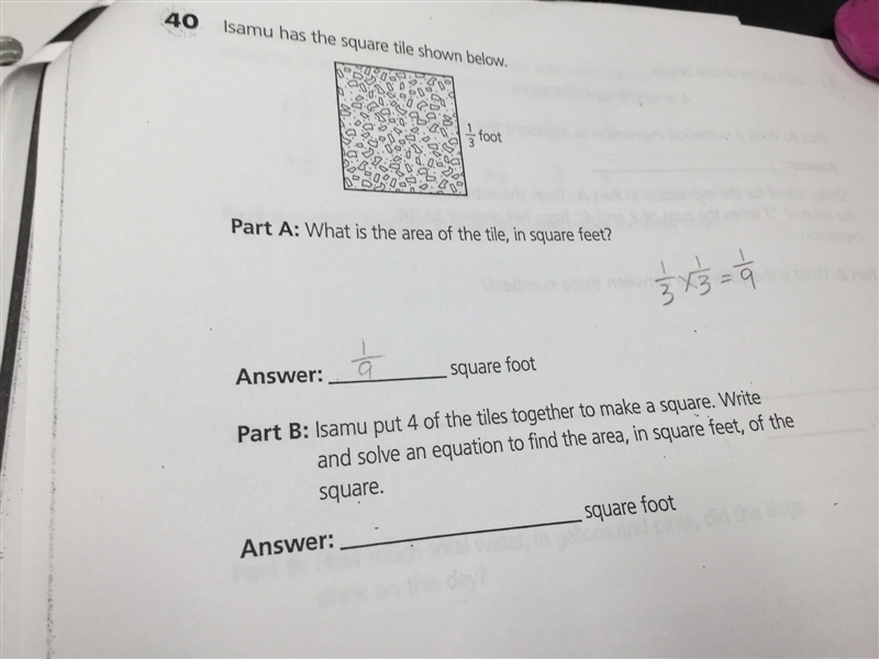 Isamu put 4 of the tiles together to make a square. Write and solve an equation to-example-1