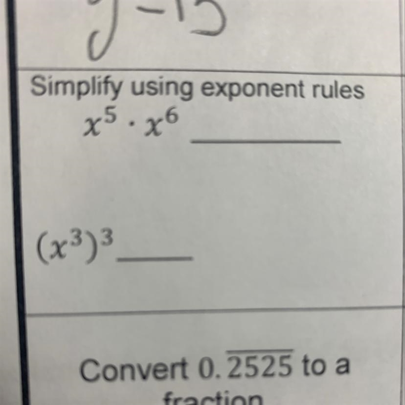 Simplify using exponent rules x5 x6 (x3)3-example-1