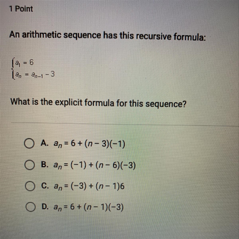 An arithmetic sequence has this recursive formula: A1=6 An=an-1-3 What is the explicit-example-1