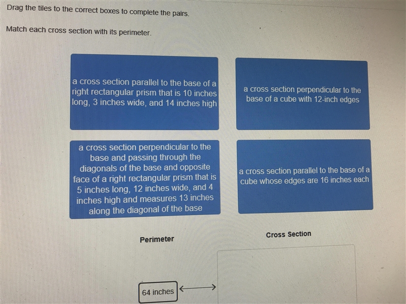 Match each cross section with its perimeter 64 inches 26 inches 48 inches 34 inches-example-1