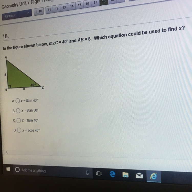 In the figure shown below, M < 40 and AB =8. Which equation could be used to find-example-1